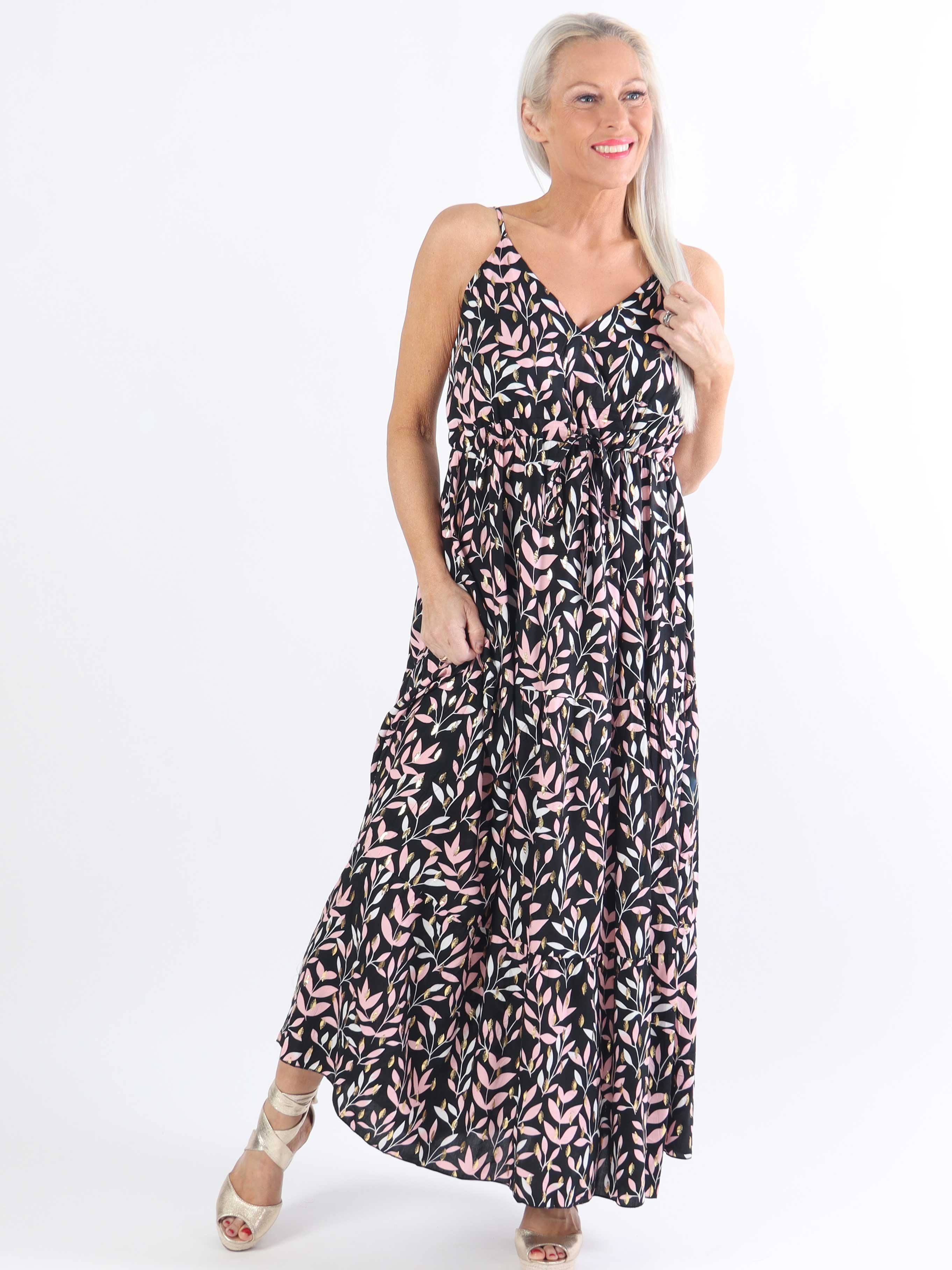 Lucie Leaf - Viskose stropkjole i bladmønster med v-udskæring